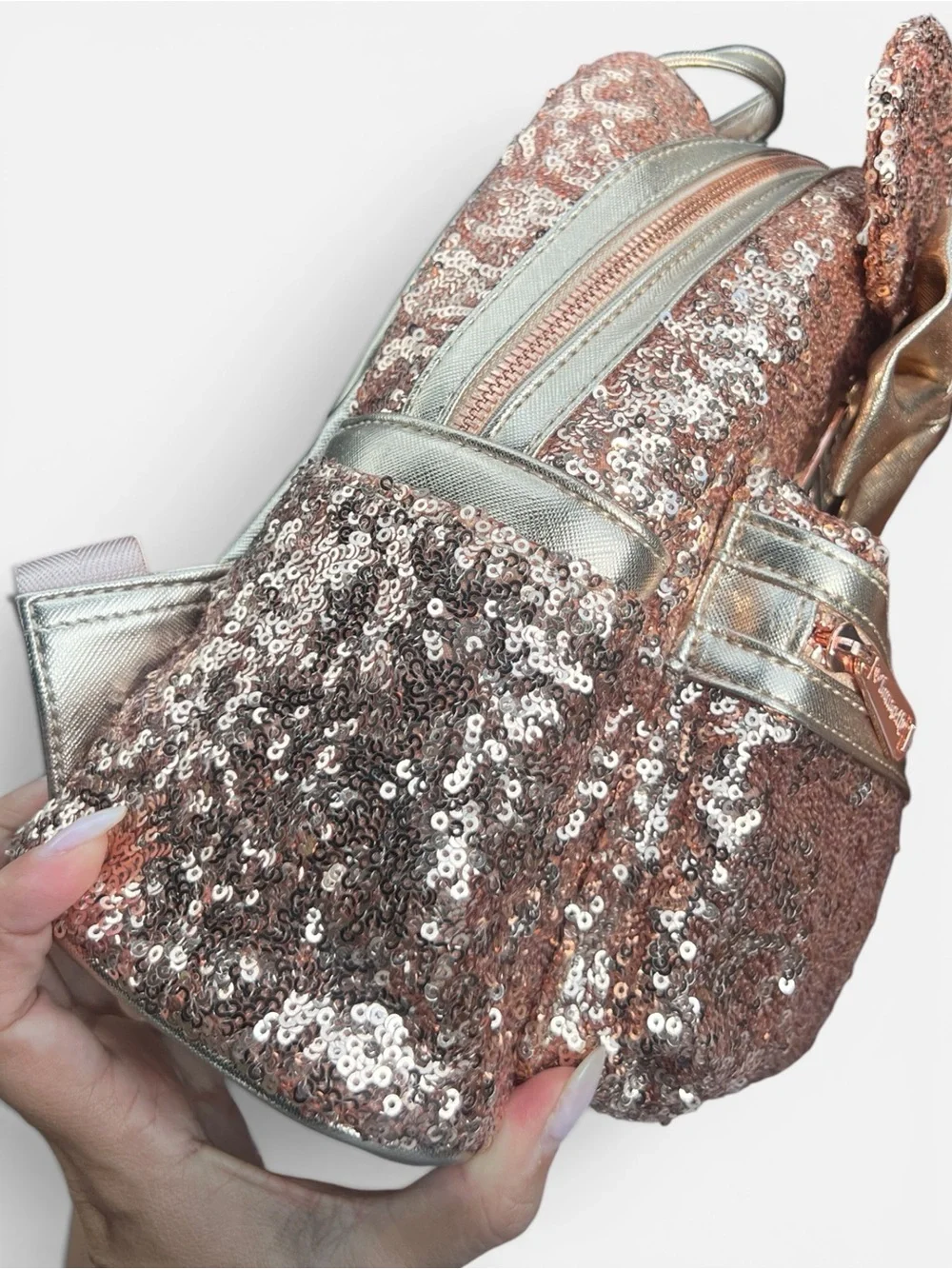 Loungefly Disney Parks Minnie Mouse Sequined Mini Backpack – Rose Gold